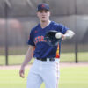 Feb 16, 2023; West Palm Beach, FL, USA; Houston Astros starting pitcher Hunter Brown (58) catches a ball during the Houston Astros spring training workouts at the Ballpark of the Palm Beaches.