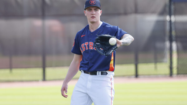 Feb 16, 2023; West Palm Beach, FL, USA; Houston Astros starting pitcher Hunter Brown (58) catches a ball during the Houston Astros spring training workouts at the Ballpark of the Palm Beaches.