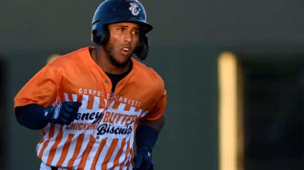 Hooks' Pedro Leon hits a home run, Wednesday, June 16, 2021, at Whataburger Field. This is Leon's sixth home run of the season.