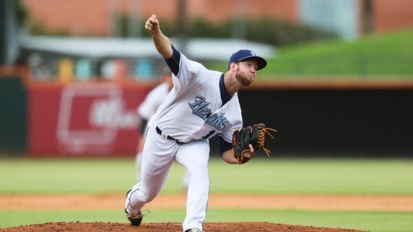 Hooks pitcher Michael Horrell (10) delivers a pitch in a Double-A baseball game against the Midland RockHounds at Whataburger Field in Corpus Christi, Texas on Wednesday, Sep. 7, 2022.