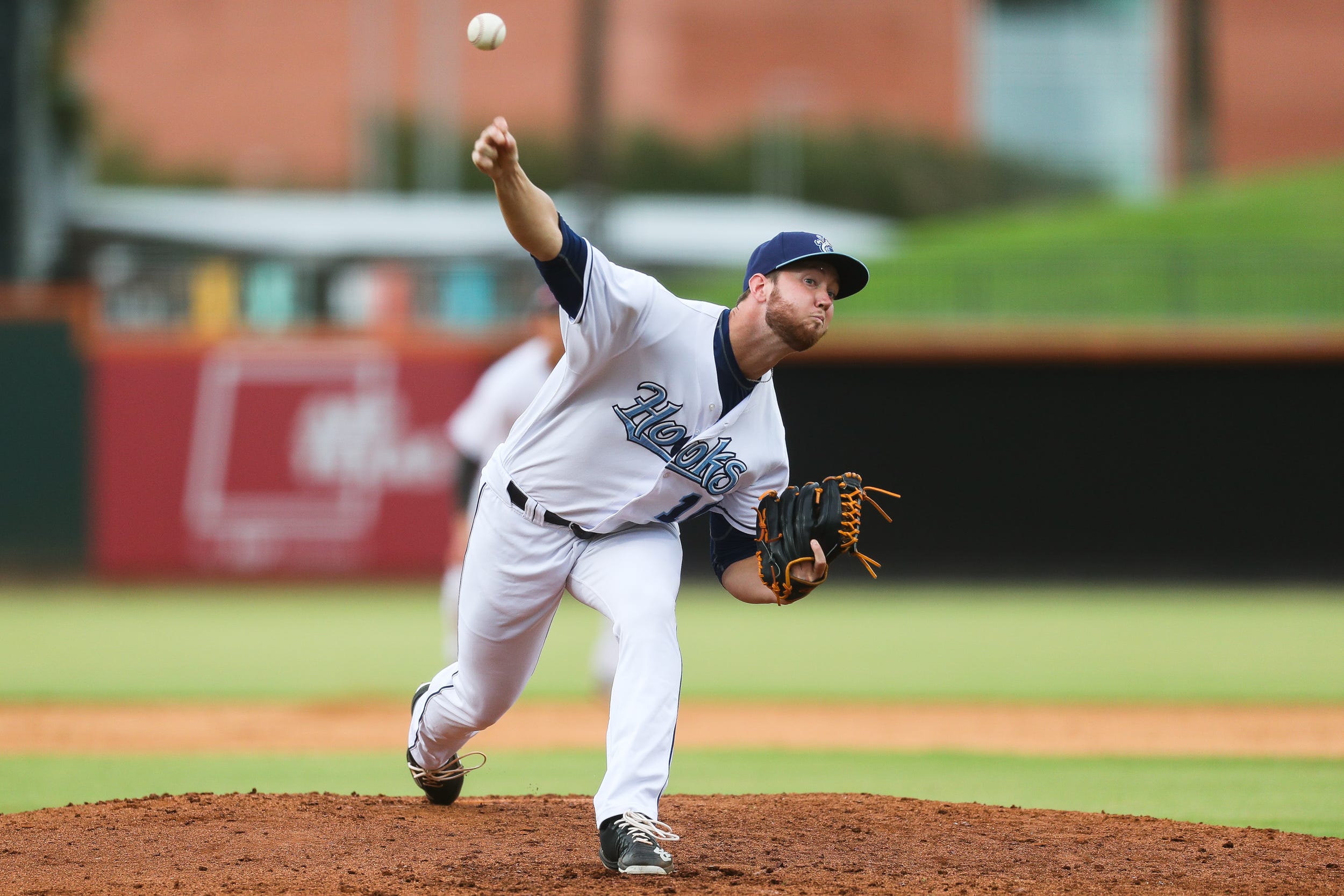 Hooks pitcher Michael Horrell (10) delivers a pitch in a Double-A baseball game against the Midland RockHounds at Whataburger Field in Corpus Christi, Texas on Wednesday, Sep. 7, 2022.