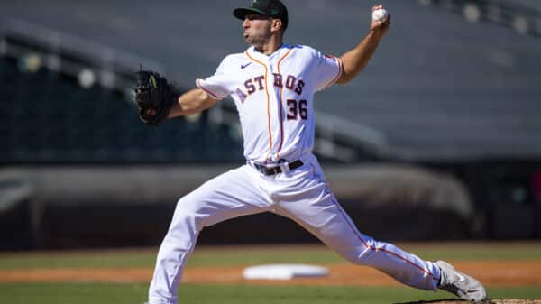 Oct 26, 2022; Surprise, Arizona, USA; Houston Astros pitcher Colton Gordon plays for the Surprise Saguaros during an Arizona Fall League baseball game at Surprise Stadium.