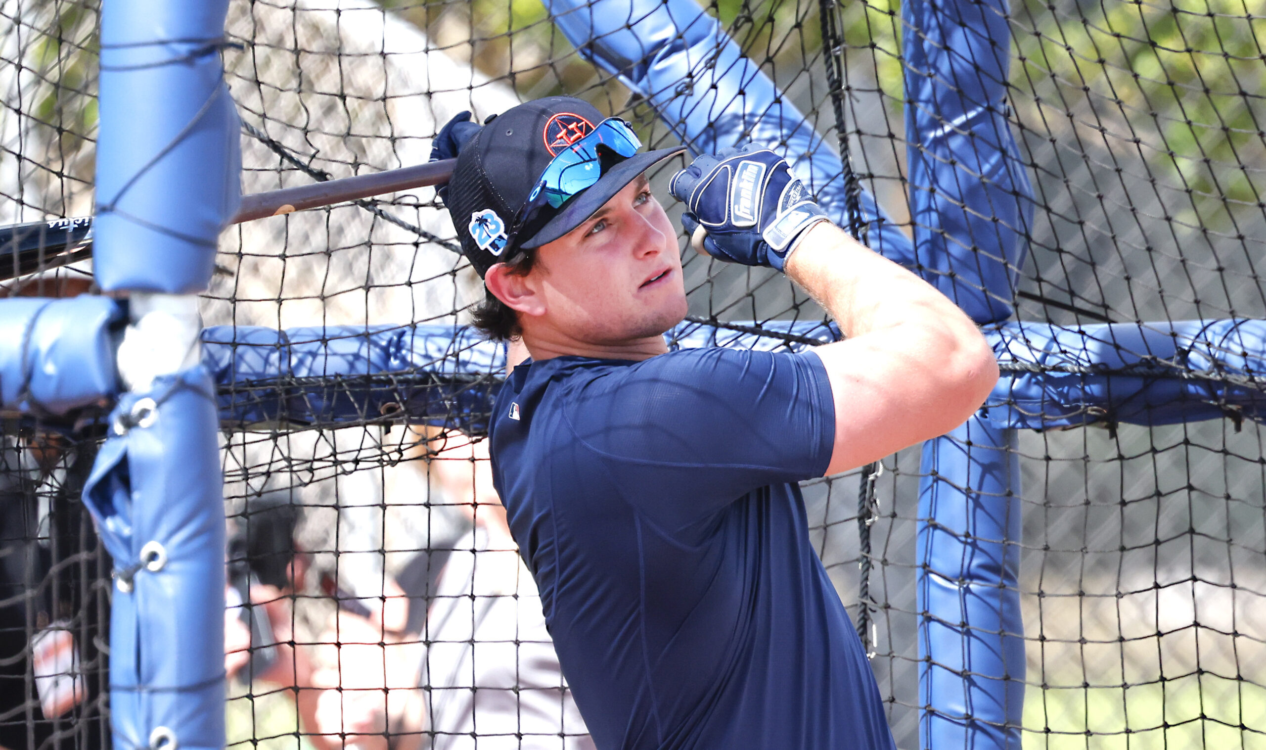 Feb 16, 2023; West Palm Beach, FL, USA; Houston Astros catching prospect C.J. Stubbs takes batting practice during the Houston Astros spring training workouts at the Ballpark of the Palm Beaches.