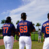 Feb 18, 2023; West Palm Beach, FL, USA; Houston Astros pitcher Jaime Melendez (73), pitcher Luis Garcia (77), pitcher Jario Solis (69) and pitcher Misael Tamarez (63) during spring training workouts.