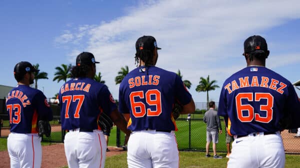 Feb 18, 2023; West Palm Beach, FL, USA; Houston Astros pitcher Jaime Melendez (73), pitcher Luis Garcia (77), pitcher Jario Solis (69) and pitcher Misael Tamarez (63) during spring training workouts.