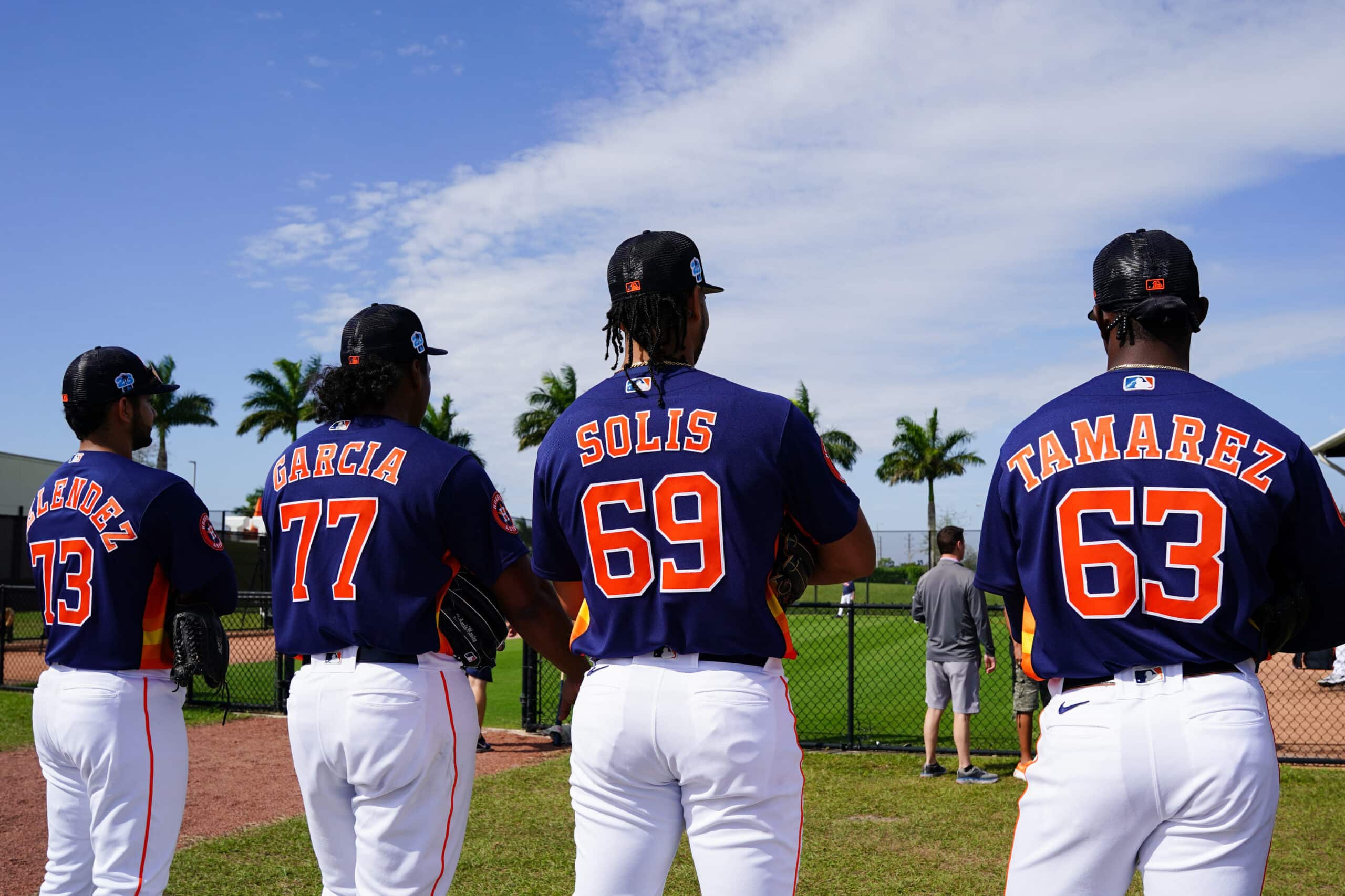 Feb 18, 2023; West Palm Beach, FL, USA; Houston Astros pitcher Jaime Melendez (73), pitcher Luis Garcia (77), pitcher Jario Solis (69) and pitcher Misael Tamarez (63) during spring training workouts.
