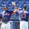 Feb 27, 2023; West Palm Beach, Florida, USA; Houston Astros right fielder Corey Julks (87) congratulates Houston Astros first baseman J.J. Matijevic (13) on scoring a run during the third inning against the Miami Marlins at The Ballpark of the Palm Beaches.