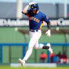 Mar 1, 2023; West Palm Beach, Florida, USA; Houston Astros outfielder Jacob Melton rounds second base after hitting a home run against the Boston Red Sox during the sixth inning at The Ballpark of the Palm Beaches.