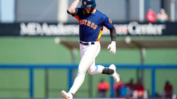 Mar 1, 2023; West Palm Beach, Florida, USA; Houston Astros outfielder Jacob Melton rounds second base after hitting a home run against the Boston Red Sox during the sixth inning at The Ballpark of the Palm Beaches.