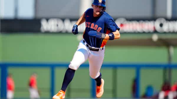 Mar 1, 2023; West Palm Beach, Florida, USA; Houston Astros catcher C.J. Stubbs (80) rounds second base against the Boston Red Sox during the sixth inning at The Ballpark of the Palm Beaches.