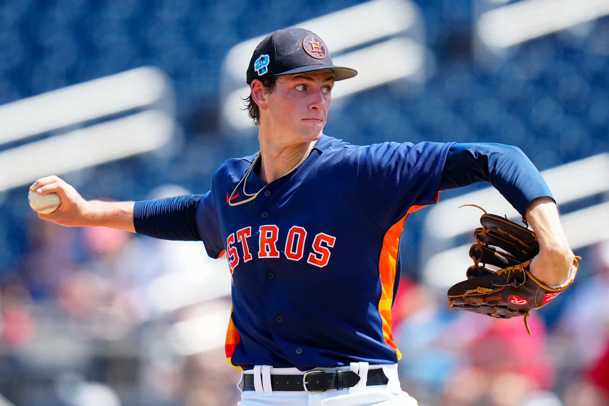 Mar 11, 2023; West Palm Beach, Florida, USA; Houston Astros starting pitcher Forrest Whitley (60) throws a pitch against the St. Louis Cardinals during the first inning at The Ballpark of the Palm Beaches.