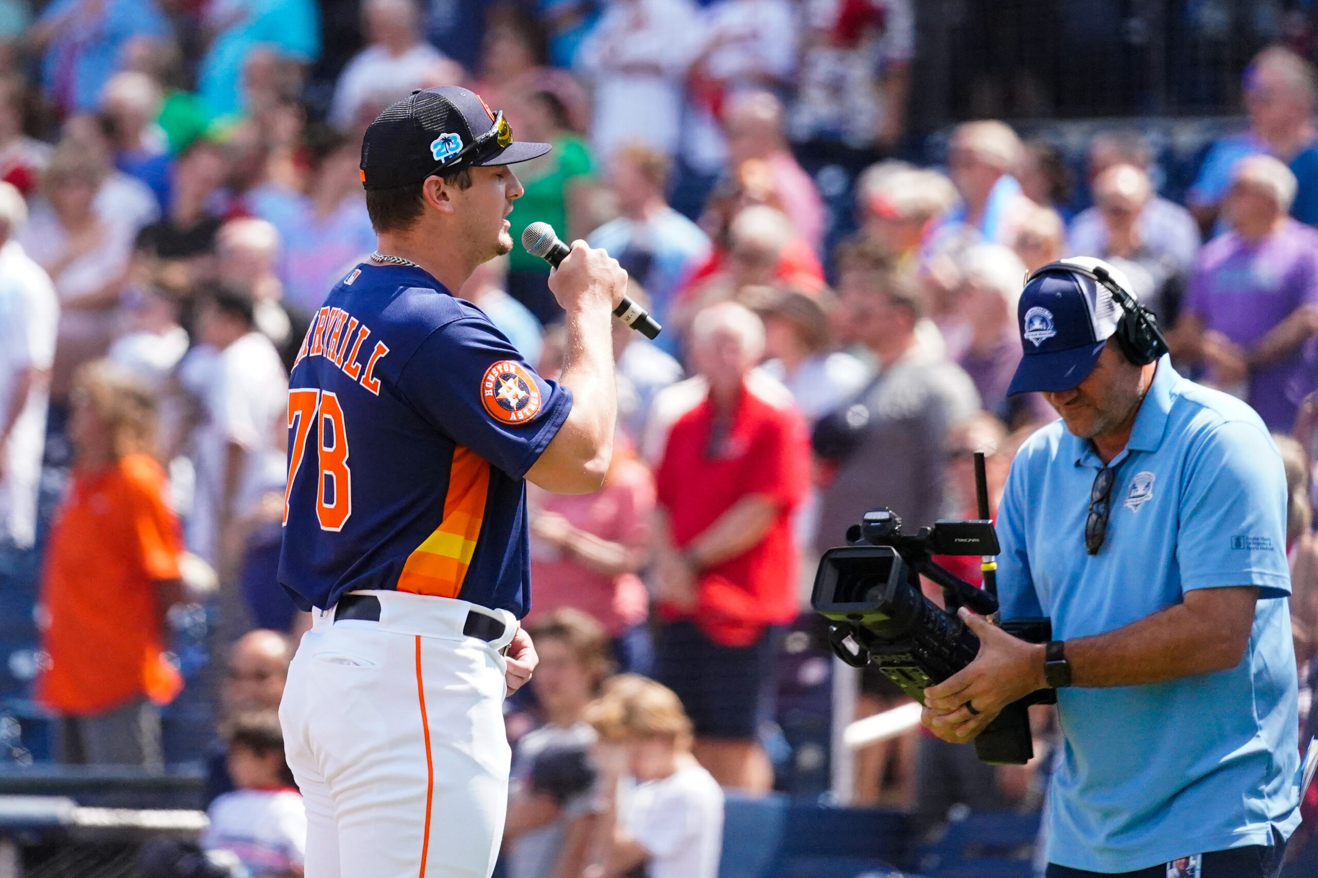 Mar 11, 2023; West Palm Beach, Florida, USA; Houston Astros catcher Luke Berryhil (78) sings the national anthem prior to a game against the St. Louis Cardinals at The Ballpark of the Palm Beaches. 