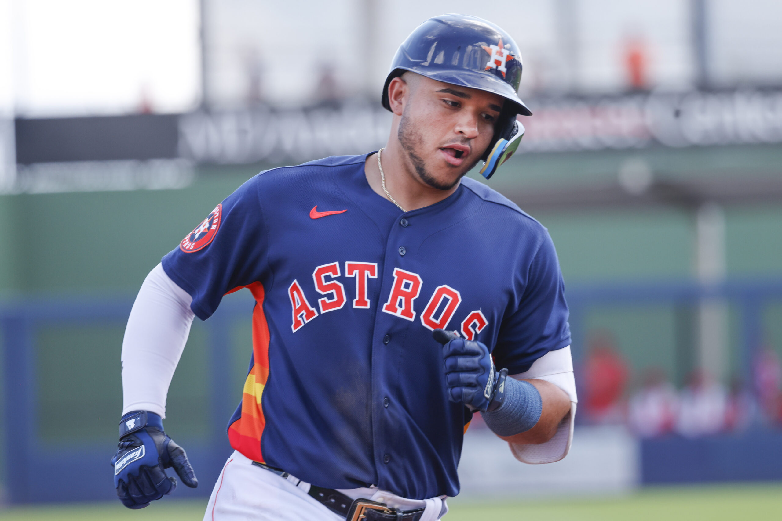 Mar 26, 2023; West Palm Beach, Florida, USA; Houston Astros catcher Yainer Diaz (21) rounds third base following a grand-slam home run during the second inning against the St. Louis Cardinals at The Ballpark of the Palm Beaches.